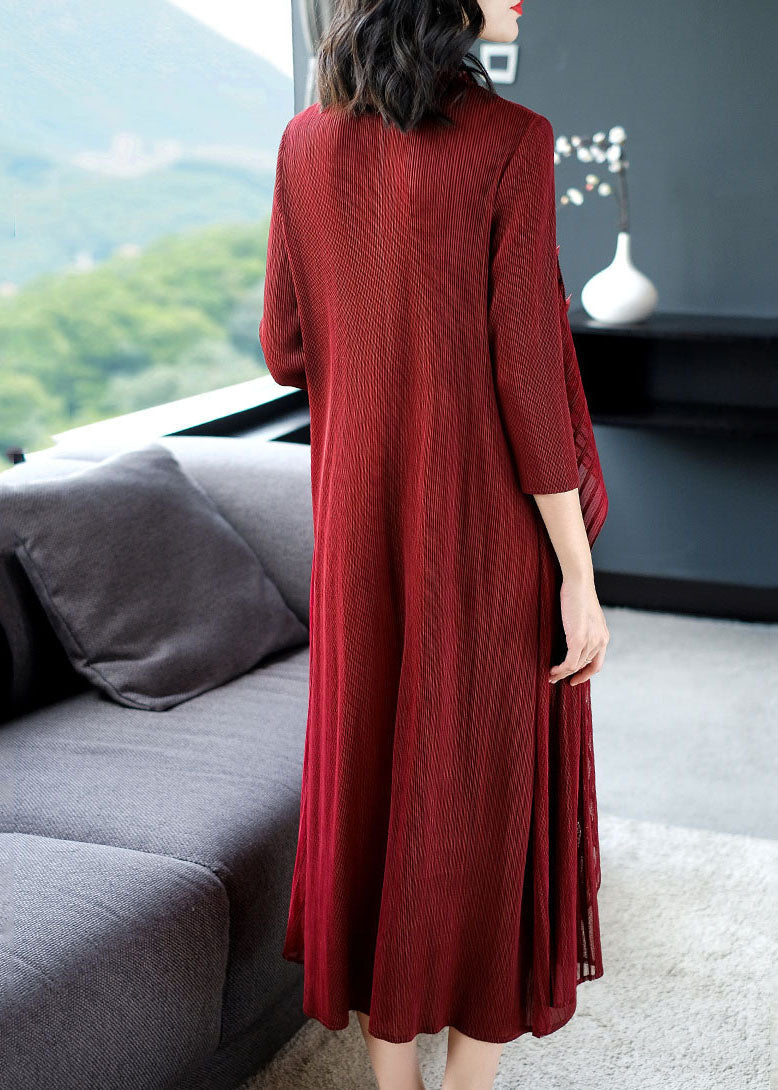 Wine Red O-neck Patchwork Fake Two Pieces Maxi Dress Long Sleeve