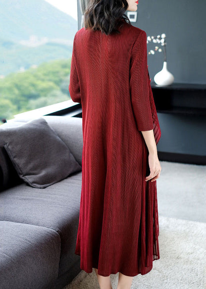 Wine Red O-neck Patchwork Fake Two Pieces Maxi Dress Long Sleeve