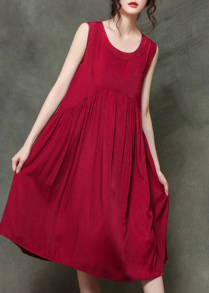 Rose O-neck Wrinkled Long Dresses Sleeveless