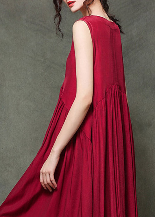 Rose O-neck Wrinkled Long Dresses Sleeveless