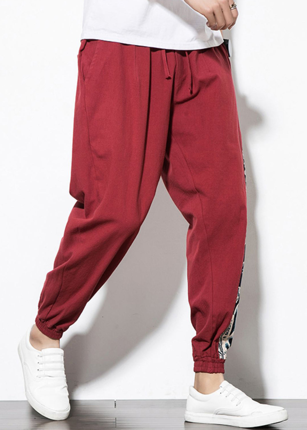 Wine Red Print Patchwork Cotton Beam Pants Summer