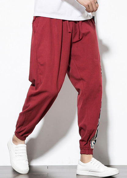 Wine Red Print Patchwork Cotton Beam Pants Summer