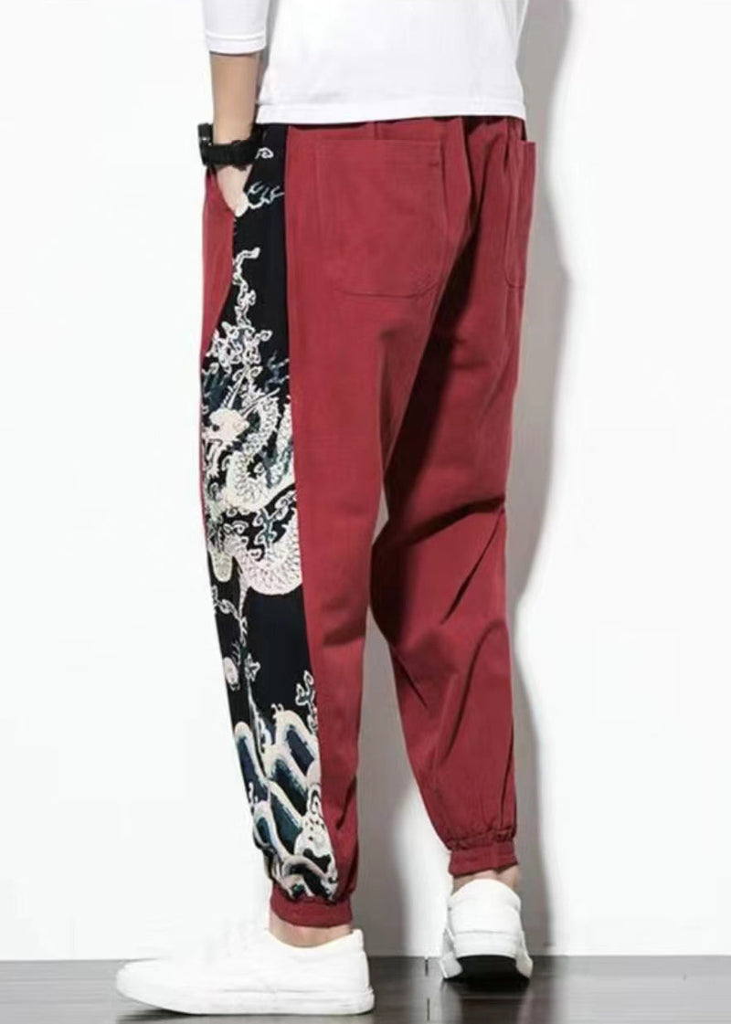 Wine Red Print Patchwork Cotton Beam Pants Summer