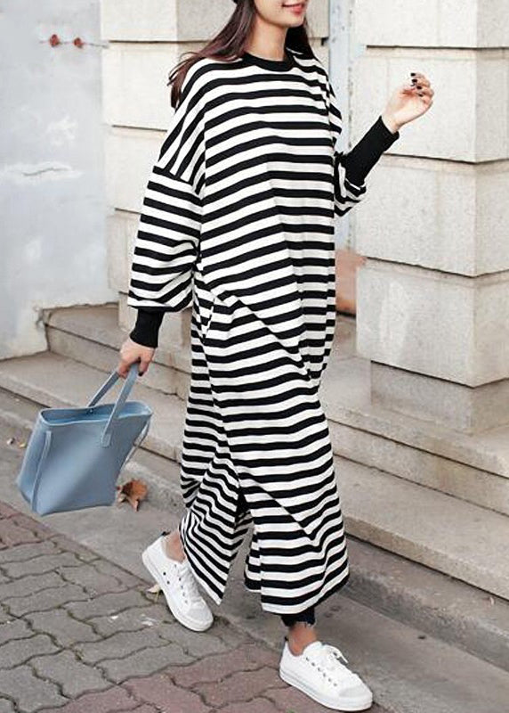 Crew Neck Batwing Sleeve Striped Black Long Sweatshirt Dress