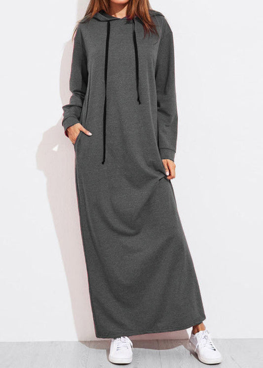 Color Full Sleeve Long Hooded Sweatshirt Dress Dark Gray