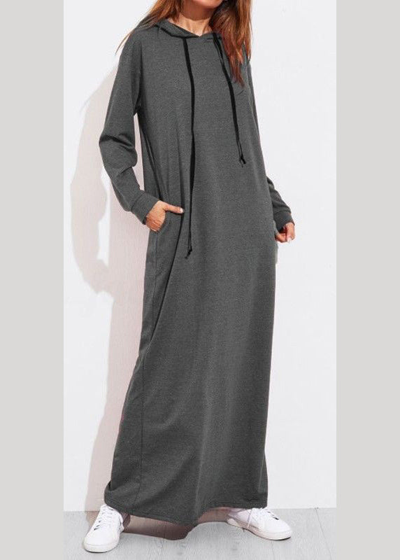 Color Full Sleeve Long Hooded Sweatshirt Dress Dark Gray
