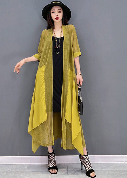 Yellow Asymmetrical Design Patchwork Loose Long Cardigans Summer