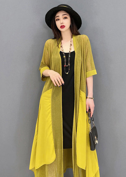 Yellow Asymmetrical Design Patchwork Loose Long Cardigans Summer