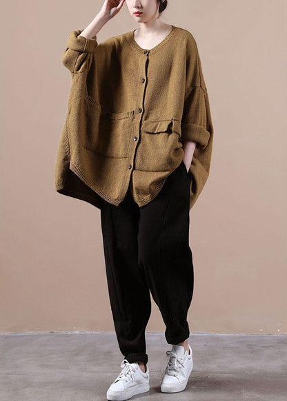 Yellow Asymmetrical Design Pockets Knit Coat