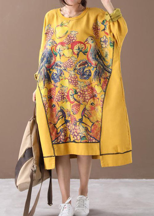 Yellow Asymmetrical Print Cotton Loose Sweatshirt Dress Winter