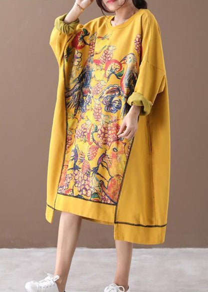 Yellow Asymmetrical Print Cotton Loose Sweatshirt Dress Winter