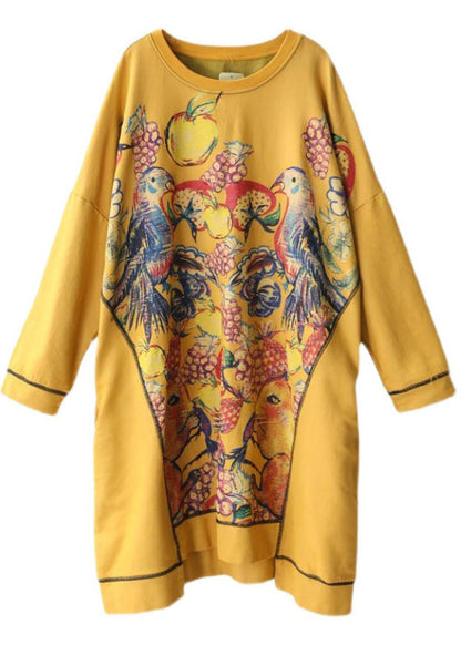 Yellow Asymmetrical Print Cotton Loose Sweatshirt Dress Winter