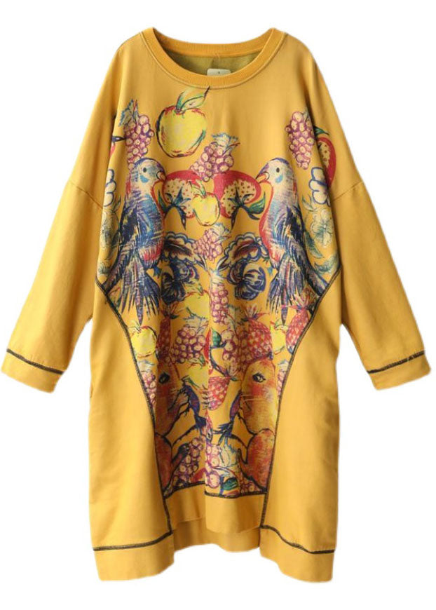 Yellow Asymmetrical Print Cotton Loose Sweatshirt Dress Winter