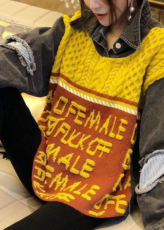 Yellow Denim Patchwork Loose Jacquard Fall Knit Top