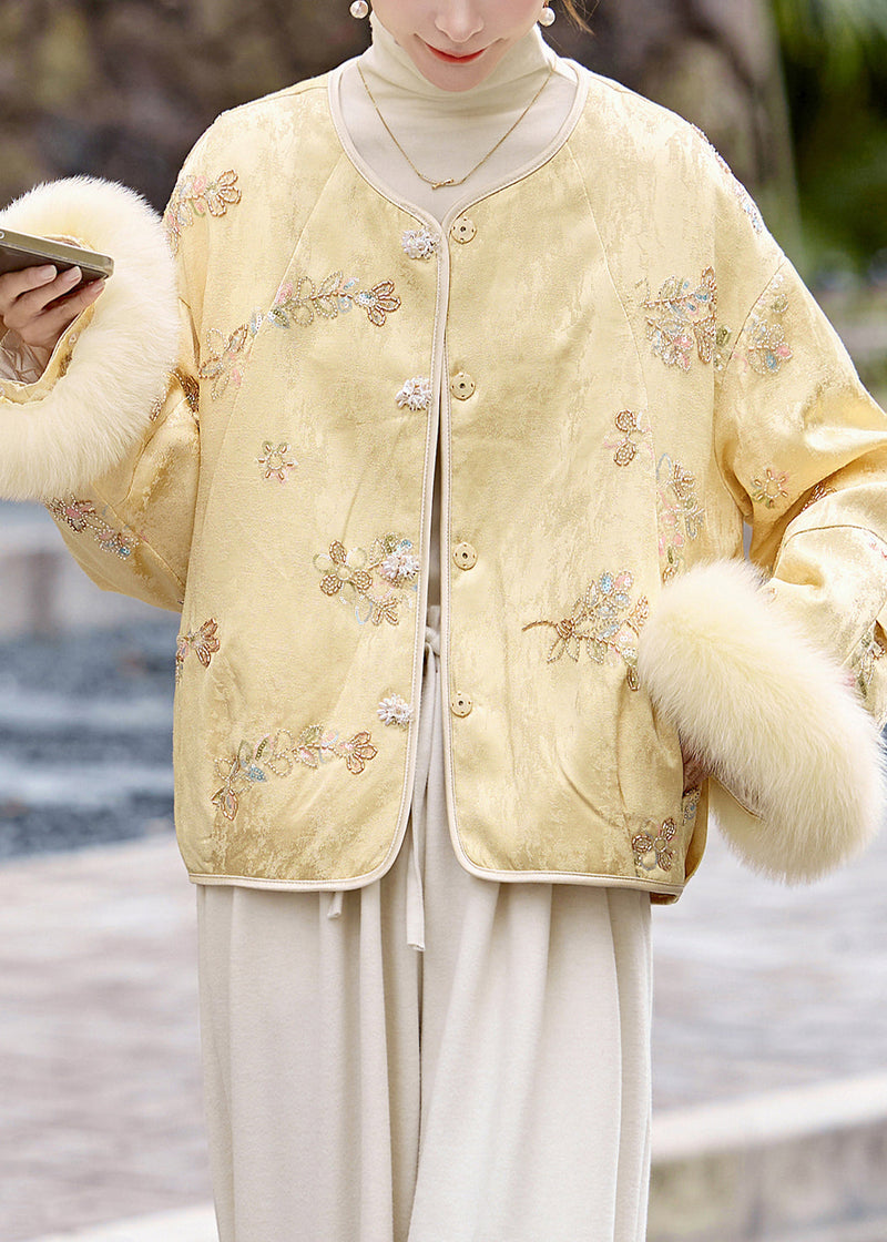 Yellow Embroidered Patchwork Fox Fur Duck Down Coats Winter
