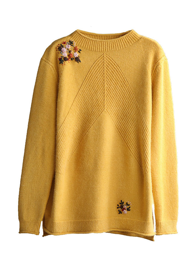 Yellow Embroideried Knit Sweater Winter