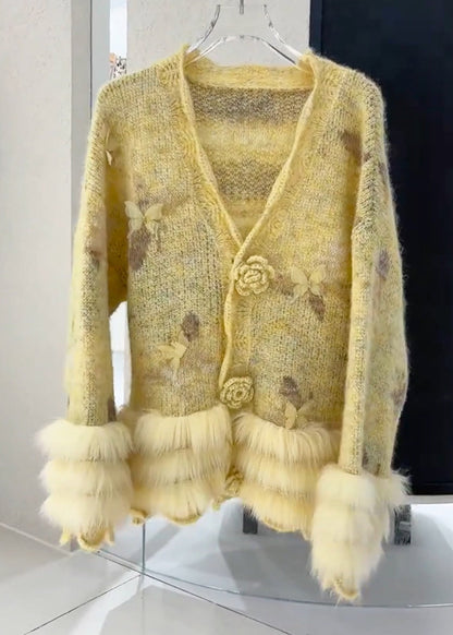 Yellow Fur Cotton Knit Cardigans Spring