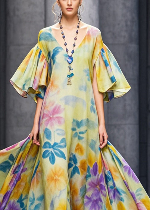 Yellow Flower Print Chiffon Long Dresses Flare Sleeve