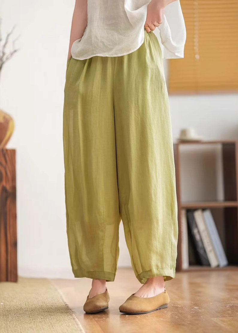 Yellow Green Pockets Elastic Waist Linen Crop Pants Summer