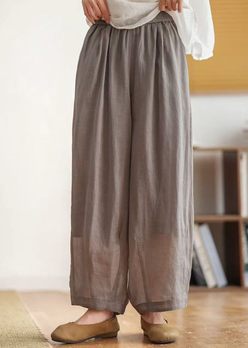 Yellow Green Pockets Elastic Waist Linen Crop Pants Summer