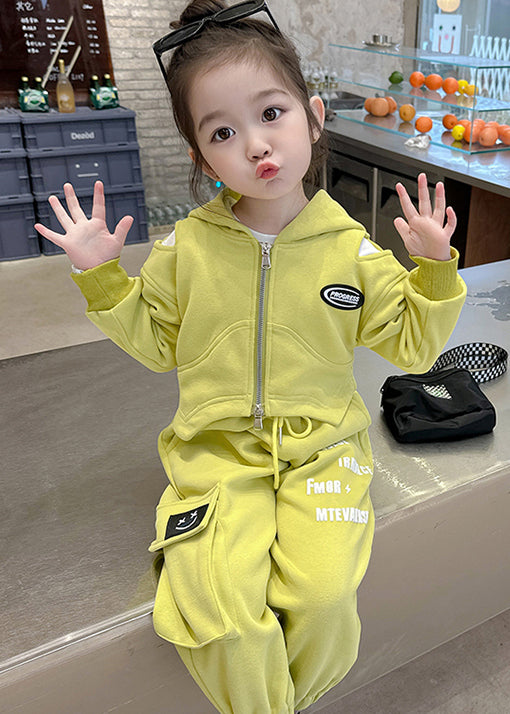 Yellow Hooded Tops and Pants Cotton Baby Two Pieces Set Fall