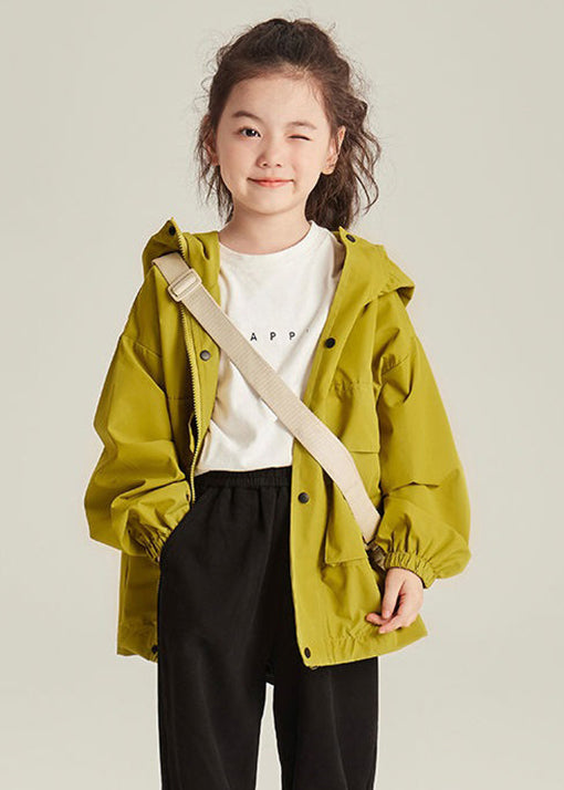 Yellow Hooded Zippered Pockets Cotton Coats Long Sleeve