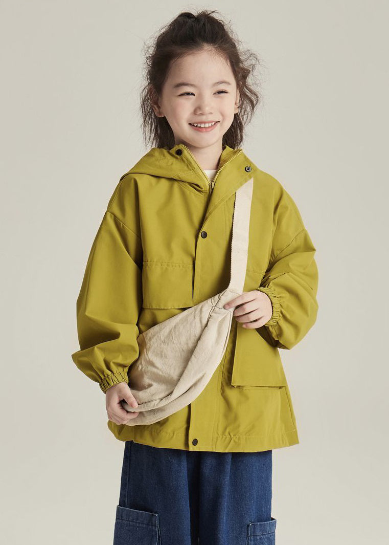 Yellow Hooded Zippered Pockets Cotton Coats Long Sleeve