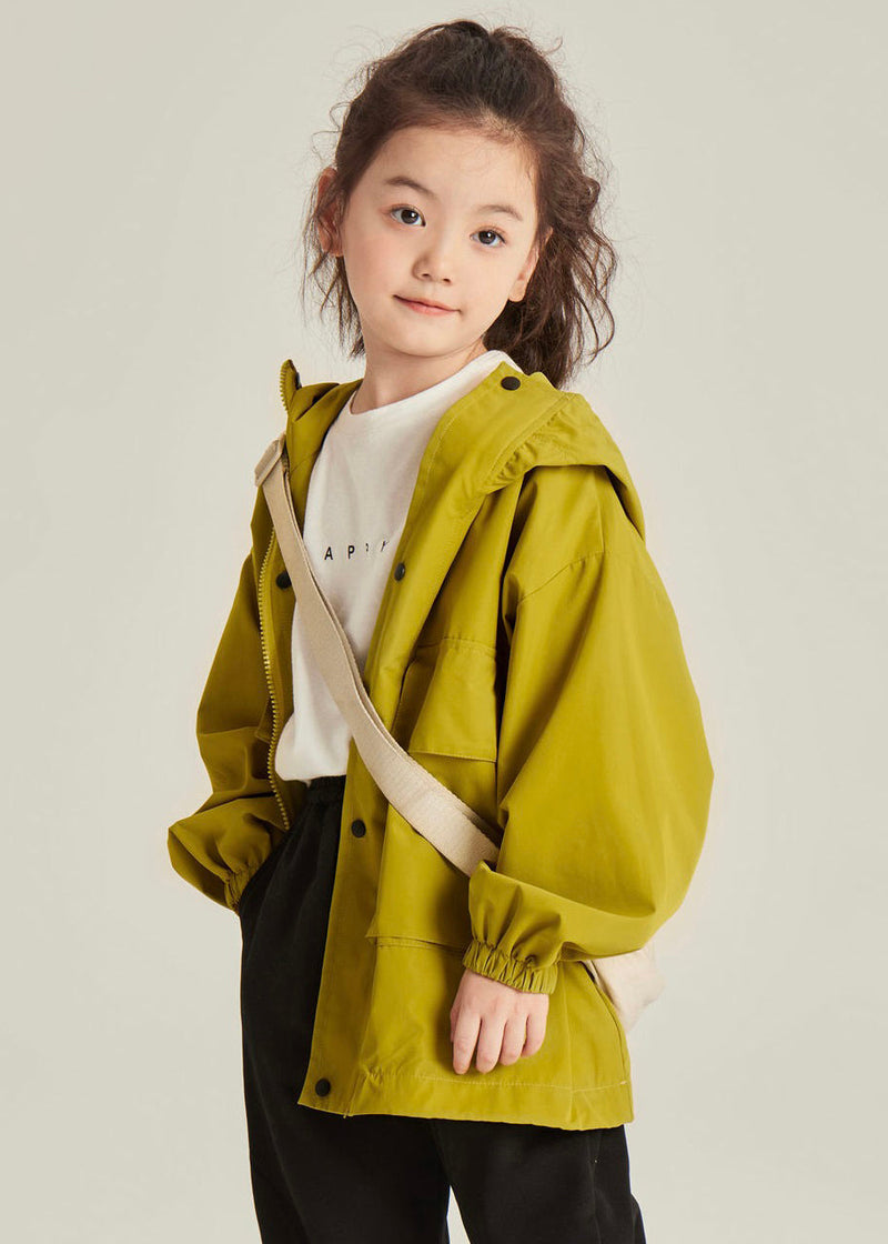 Yellow Hooded Zippered Pockets Cotton Coats Long Sleeve