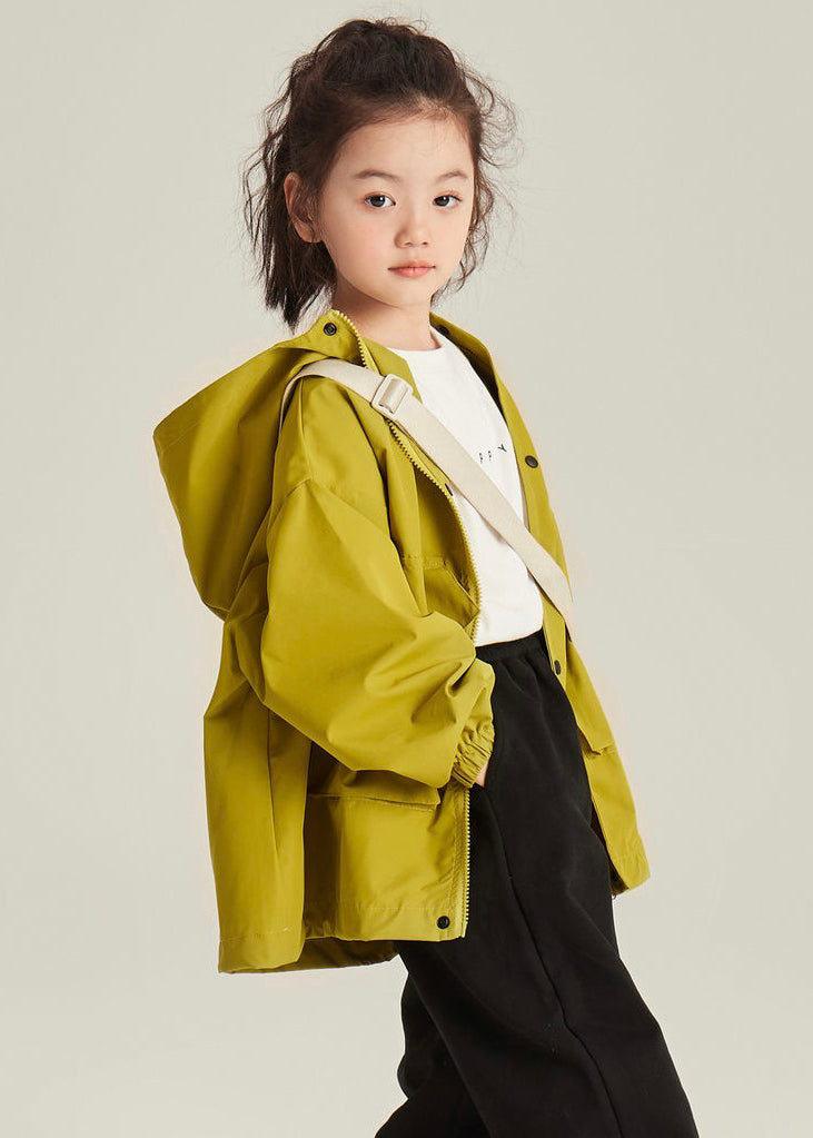 Yellow Hooded Zippered Pockets Cotton Coats Long Sleeve