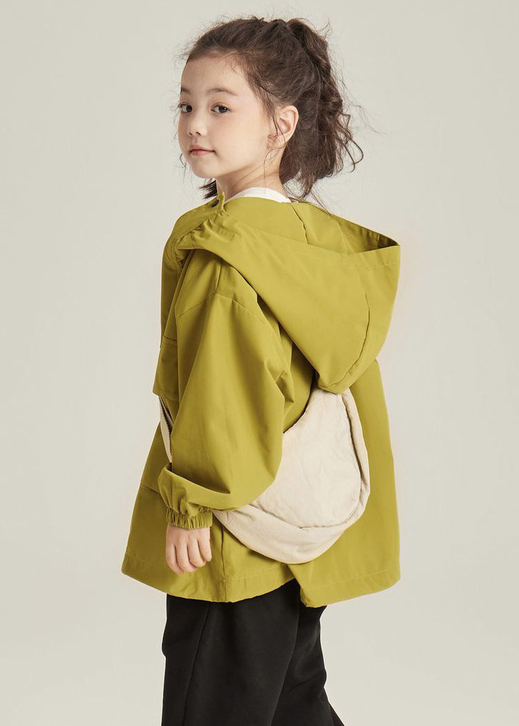 Yellow Hooded Zippered Pockets Cotton Coats Long Sleeve
