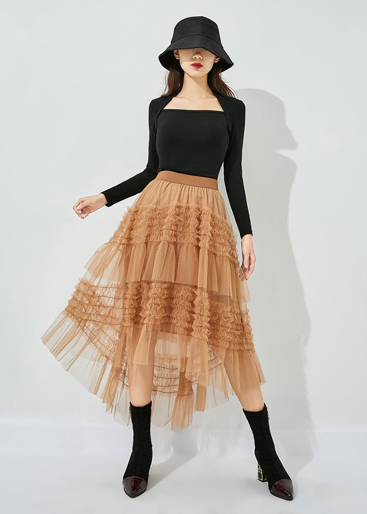 Yellow Low High Design Patchwork Wrinkled Tulle Skirts Summer