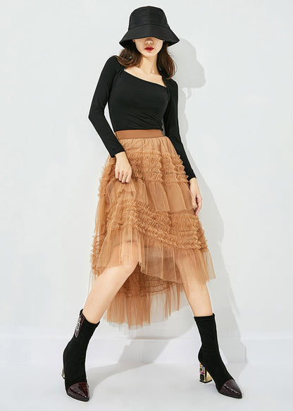 Yellow Low High Design Patchwork Wrinkled Tulle Skirts Summer