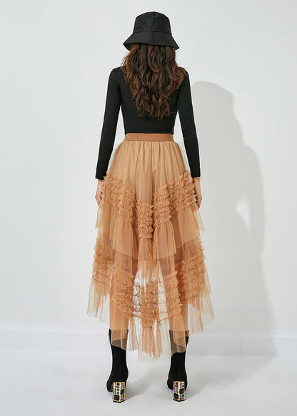 Yellow Low High Design Patchwork Wrinkled Tulle Skirts Summer