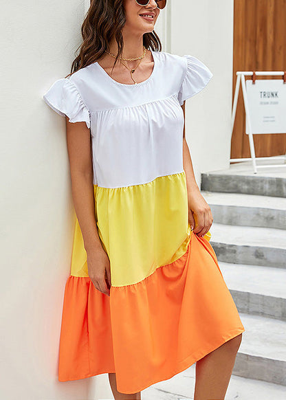 Yellow O Neck Patchwork Cotton Dress Summer