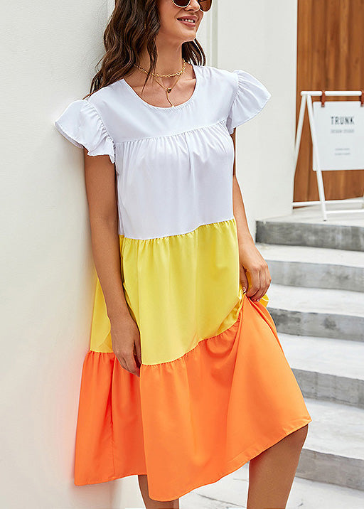 Yellow O Neck Patchwork Cotton Dress Summer