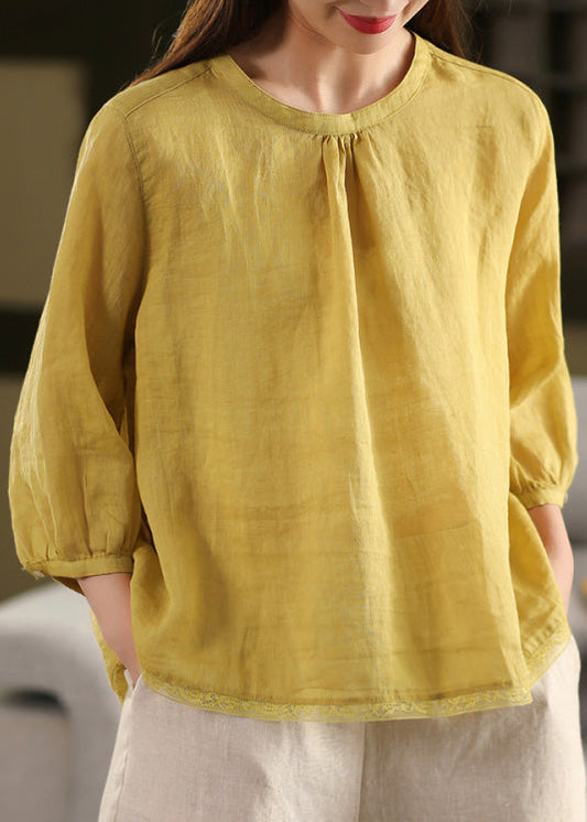 Yellow O Neck Patchwork Linen Blouse Top Summer