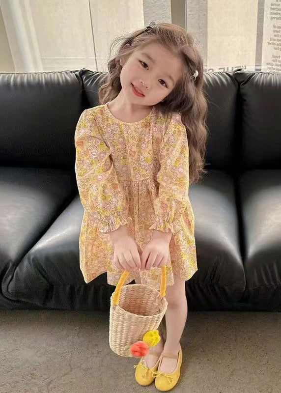 Yellow O-neck Print Mid Dress Long Sleeve