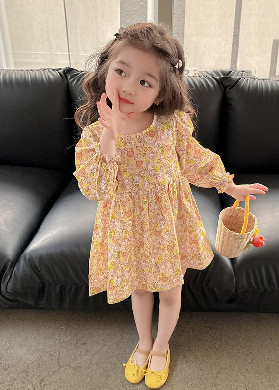 Yellow O-neck Print Mid Dress Long Sleeve