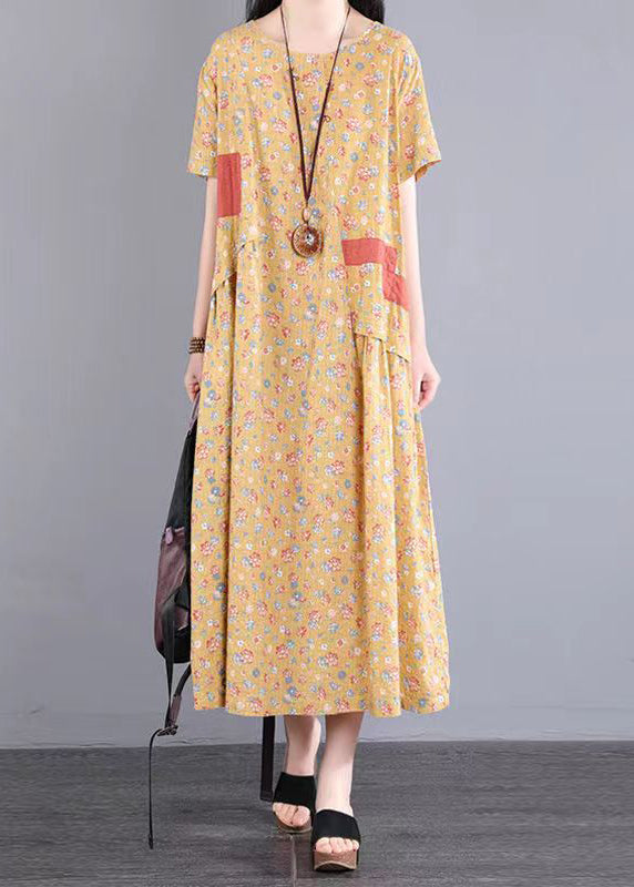Yellow O Neck Print Patchwork Cotton Long Dresses Summer