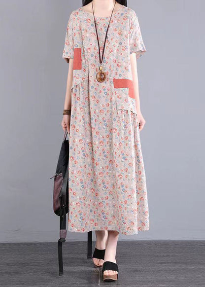 Yellow O Neck Print Patchwork Cotton Long Dresses Summer