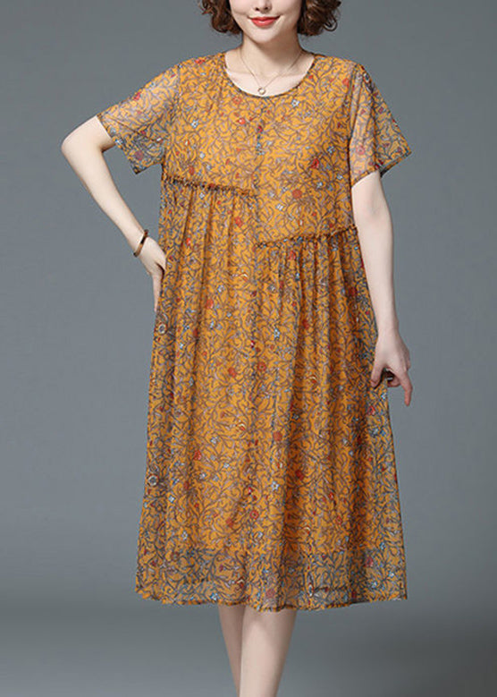 Yellow O-neck Print Patchwork Tulle Long Dresses Summer