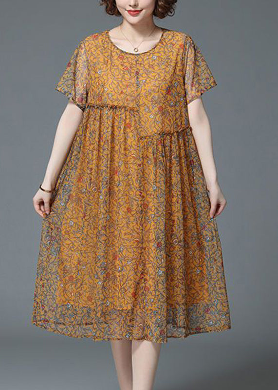 Yellow O-neck Print Patchwork Tulle Long Dresses Summer