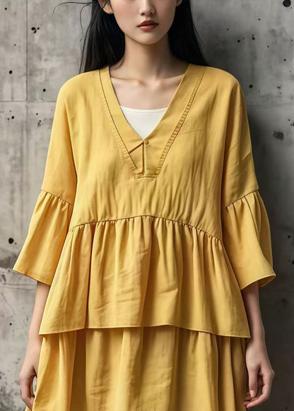 Yellow Oversized Layered Cotton Maxi Dresses Summer