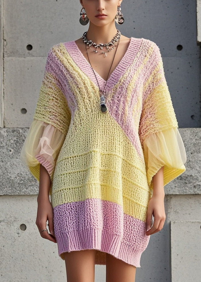 Yellow Oversized Patchwork Tulle Sweater Dress Fall