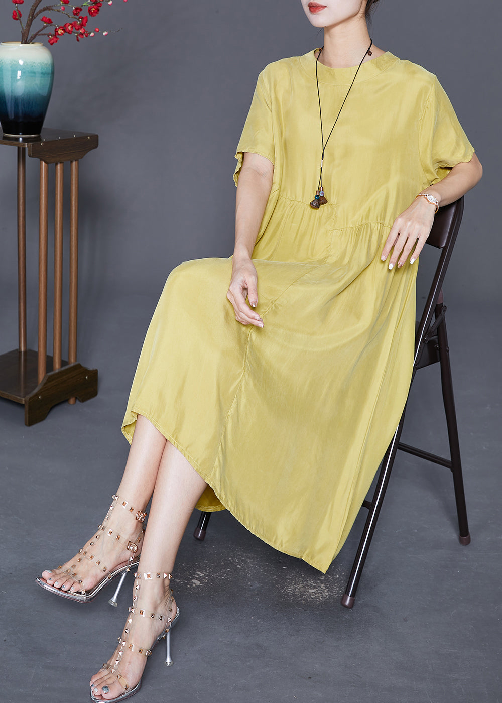 Yellow Oversized Patchwork Wrinkled Silk Dresses Summer