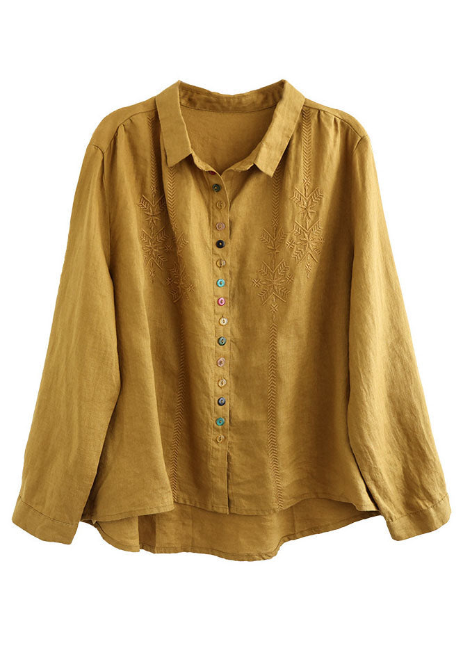 Yellow Peter Pan Collar Embroideried Linen Blouse Tops Fall