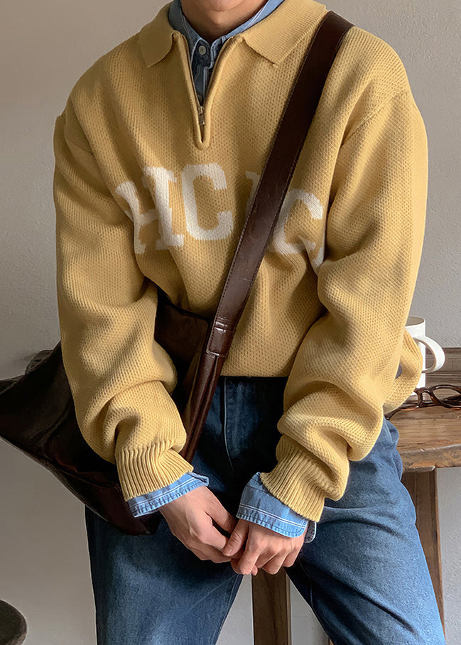 Yellow Peter Pan Collar Letter Knit Sweaters Spring