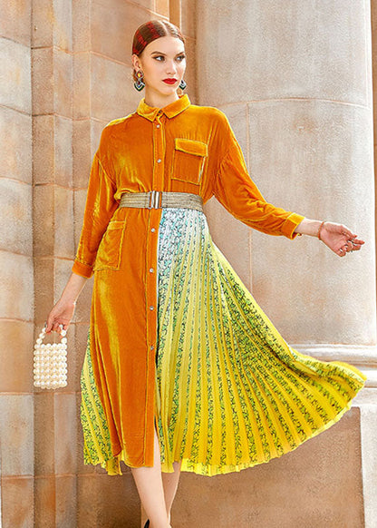 Yellow Peter Pan Collar Print Patchwork Button Silk Velour Maxi Dress Long Sleeve