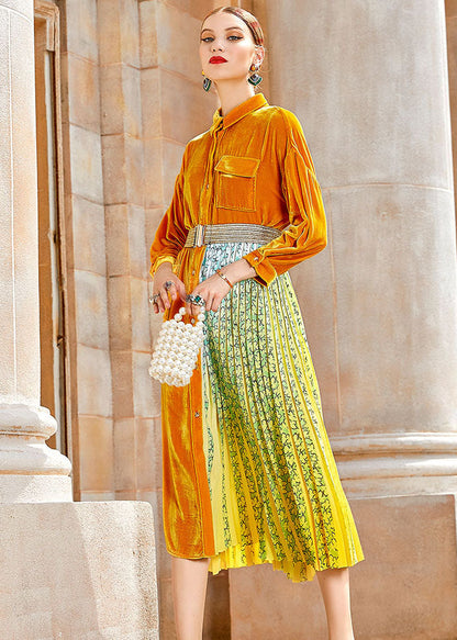 Yellow Peter Pan Collar Print Patchwork Button Silk Velour Maxi Dress Long Sleeve