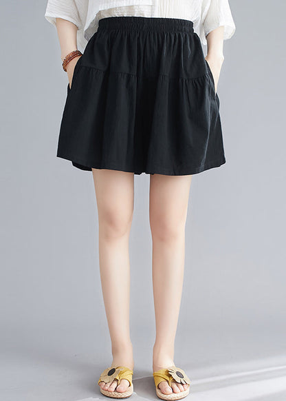 Yellow Pockets Elastic Waist Cotton Shorts Summer
